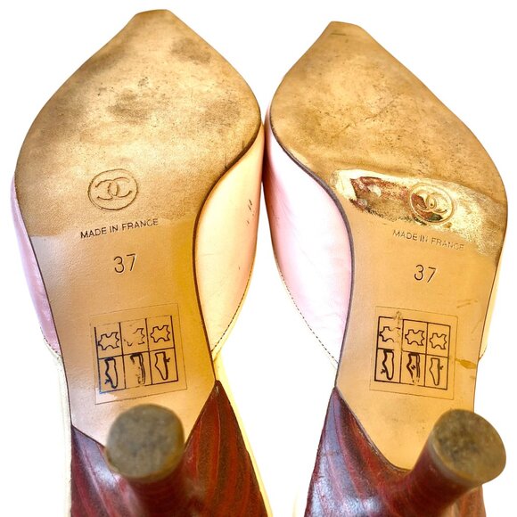 CHANEL Vintage Pump Kitten Heels Pink Cream Mule Snip Toe Womens 37 7 ALTERED - Picture 10 of 16
